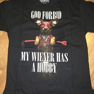 Spencer's Black T-Shirt with Dog and Red Mask Graphic